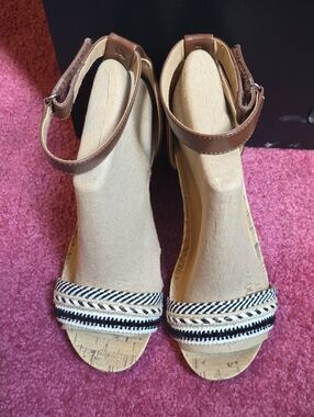 Naturalizer Brown Ankle-Strap Wedge Sandals.  Black & White Braided Toe - Women